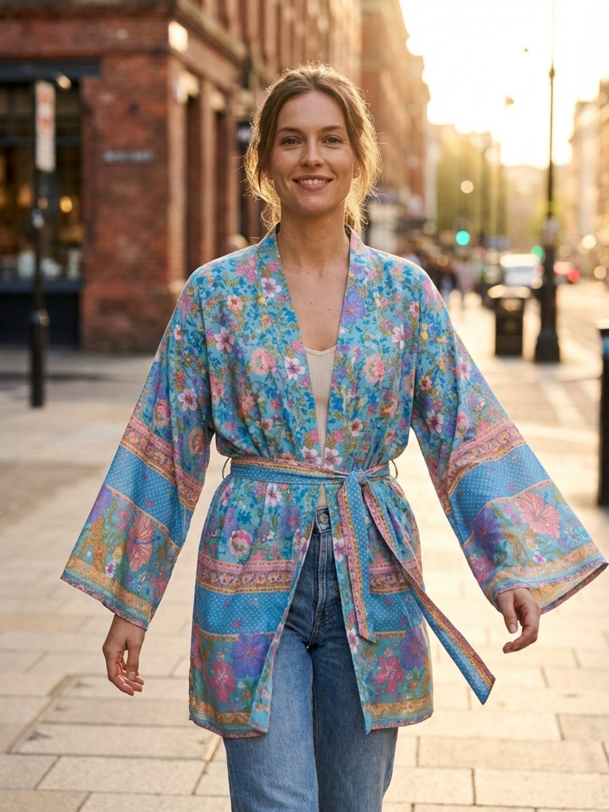 Kimono court femme bleu Shiori porté sur une tenue simple