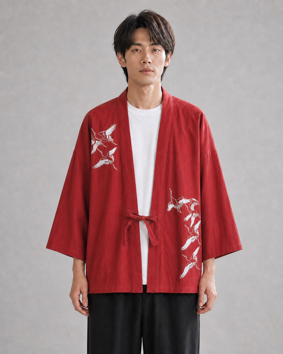 Veste haori homme à grues Jōhin portée ouverte