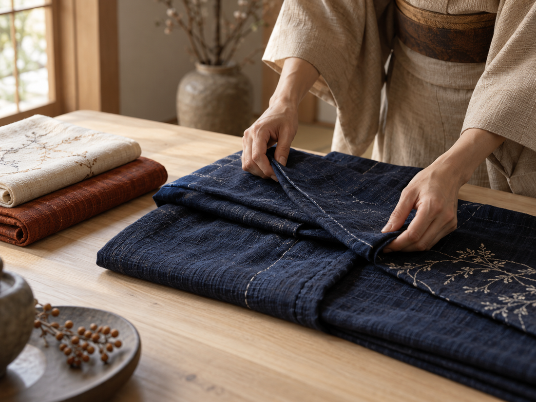 Kimonos et haori pliés en atelier