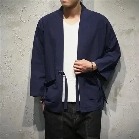 Veste kimono homme Hoshizora bleu marine avec poches plaquees