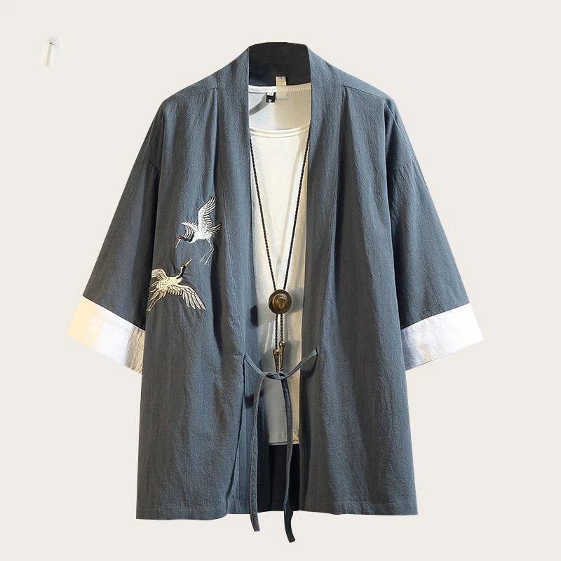 Veste kimono homme Shizu bleu ardoise a grues - photo fournisseur