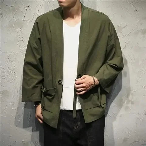 Veste kimono homme Hoshizora vert kaki avec poches plaquees