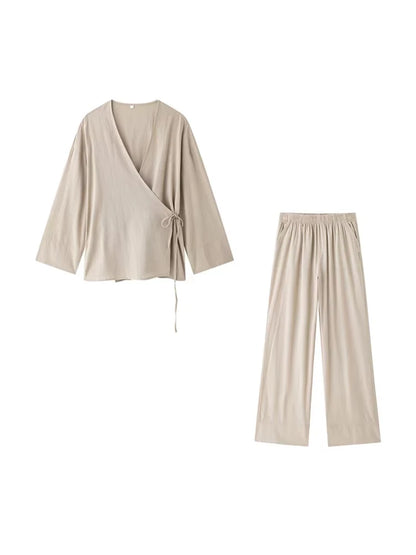 Ensemble kimono femme fluide avec pantalon taille haute à poches