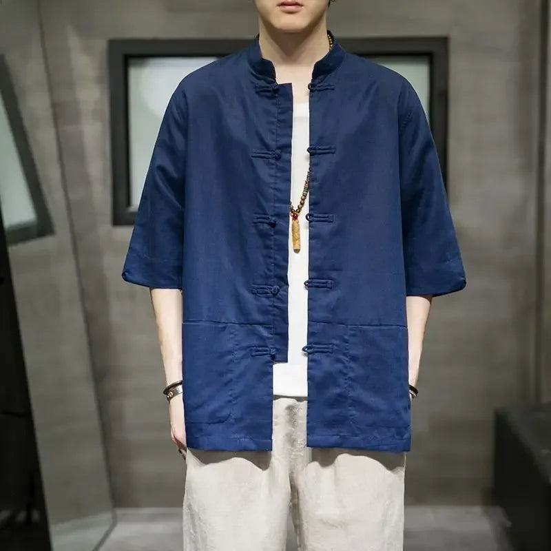 Veste chinoise homme Urara bleu fonce - photo fournisseur portee