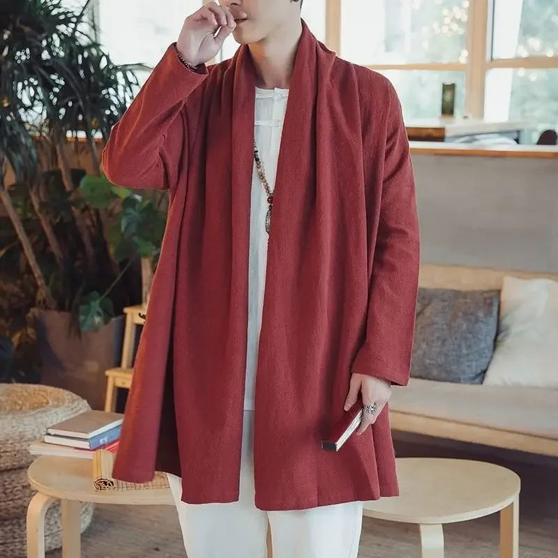 Veste haori longue homme Azami bordeaux - vue portée en situation