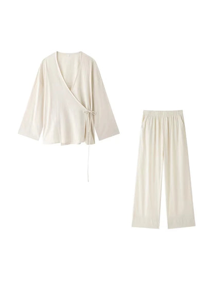 Ensemble kimono femme fluide avec pantalon taille haute à poches