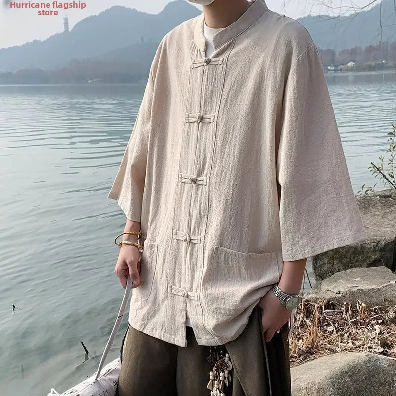 Veste chinoise homme Urara chanvre - photo fournisseur portee