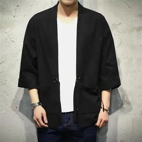 Veste kimono homme Hoshizora noire avec poches plaquees