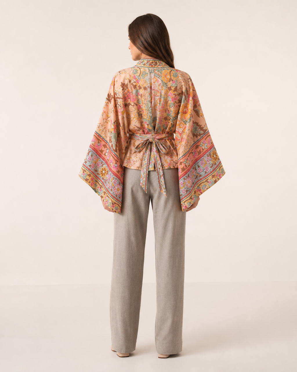 Kimono court cache-coeur femme Ayame beige - vue de dos