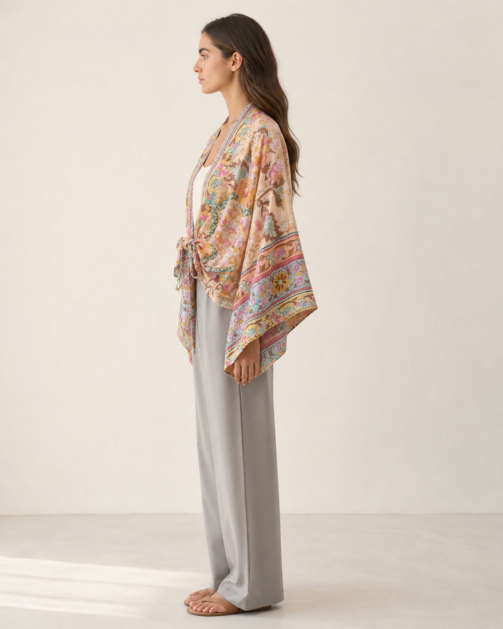 Kimono court cache-coeur femme Ayame beige - vue de profil
