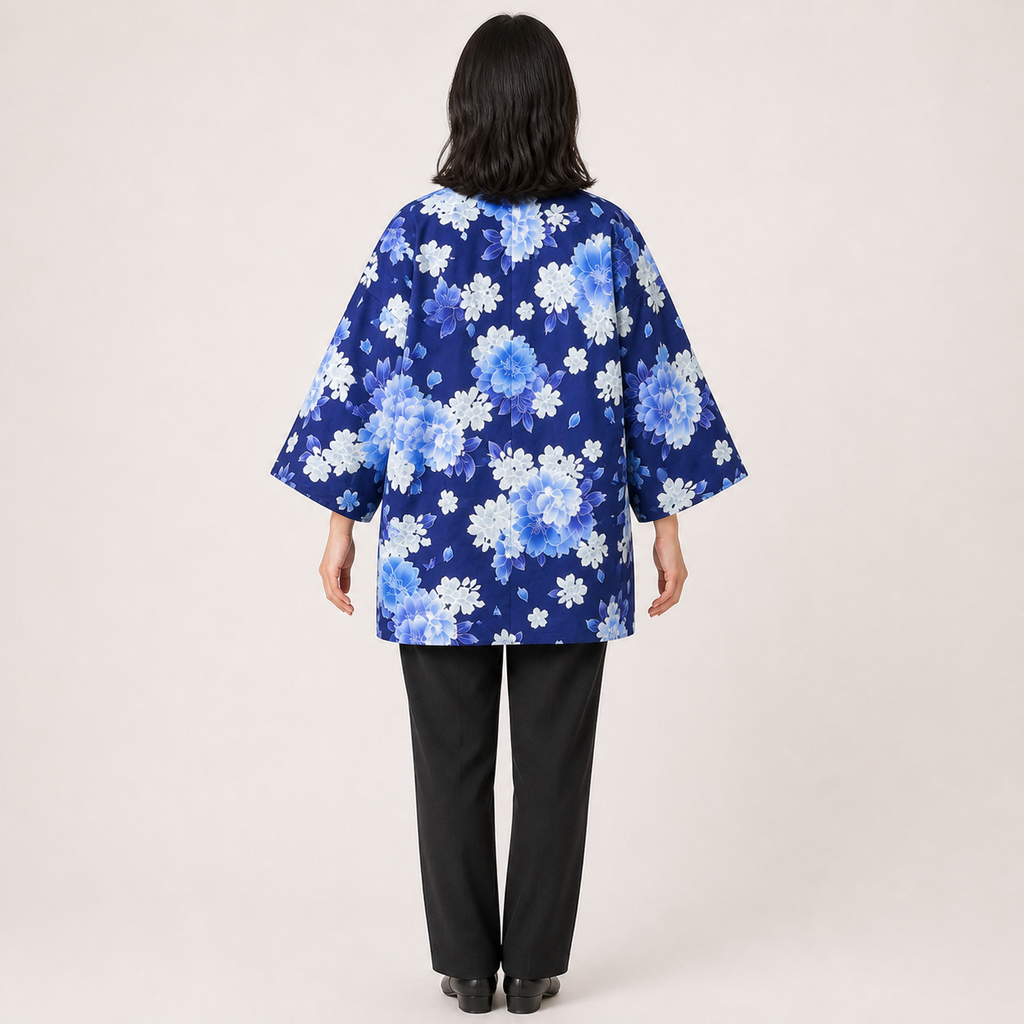 Hanten matelassé femme Harunö indigo à fleurs bleues - vue de dos