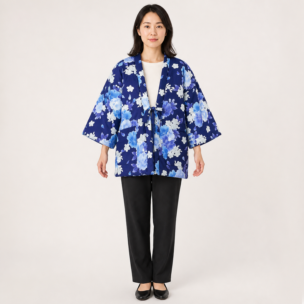 Hanten matelassé femme Harunö indigo à fleurs bleues - vue de face
