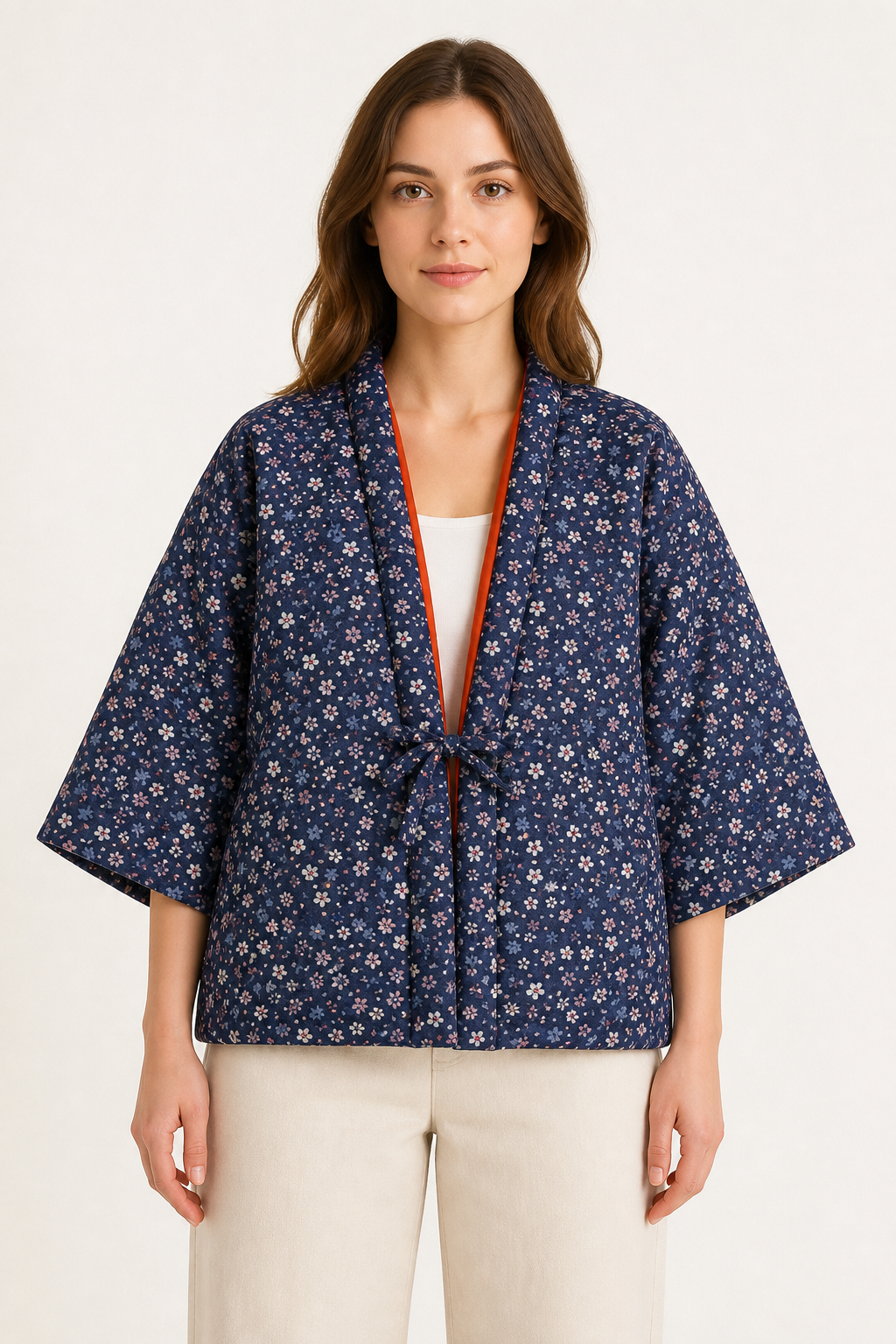 Hanten matelasse femme Ikigai bleu a fleurs - vue de face