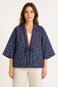 Hanten matelasse femme Ikigai bleu a fleurs - vue de face