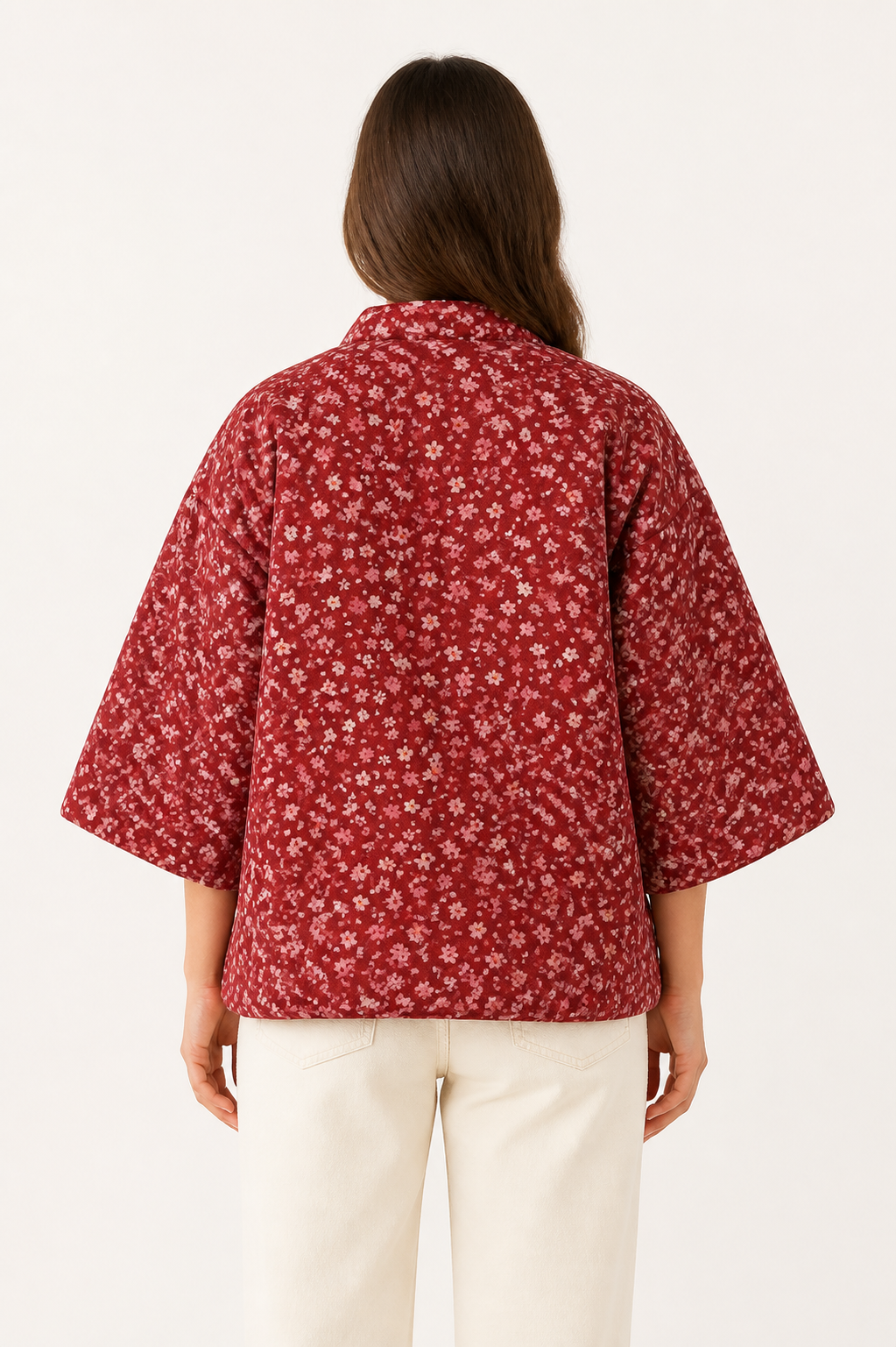Hanten matelasse femme Ikigai rouge a fleurs - vue de dos