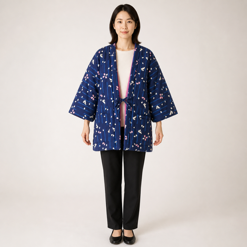 Hanten matelassé femme Matsu bleu à motifs lapins - vue de face