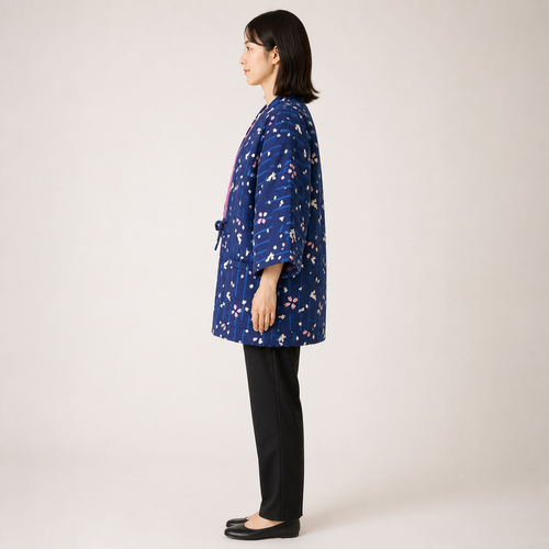 Hanten matelassé femme Matsu bleu à motifs lapins - vue de profil