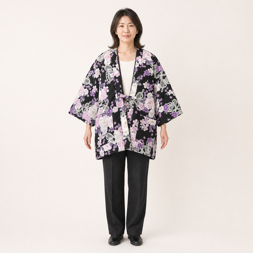 Hanten matelassé femme Nagomi noir à fleurs et carpes - vue de face