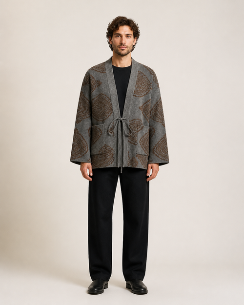 Kimono cardigan homme Hiro gris a motifs marron - vue de face