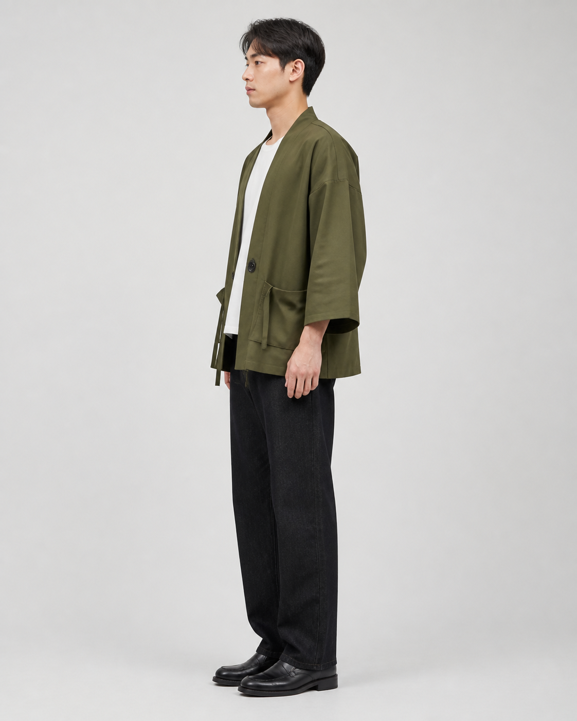 Veste kimono homme Hoshizora vert kaki vue de profil