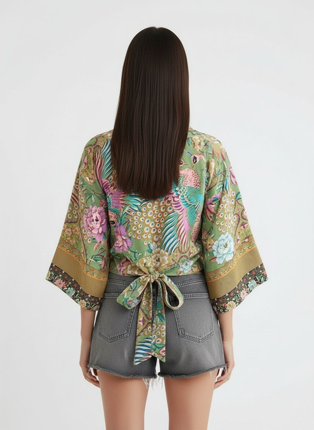 Kimono court cache-coeur femme Miyabi vert - vue de dos