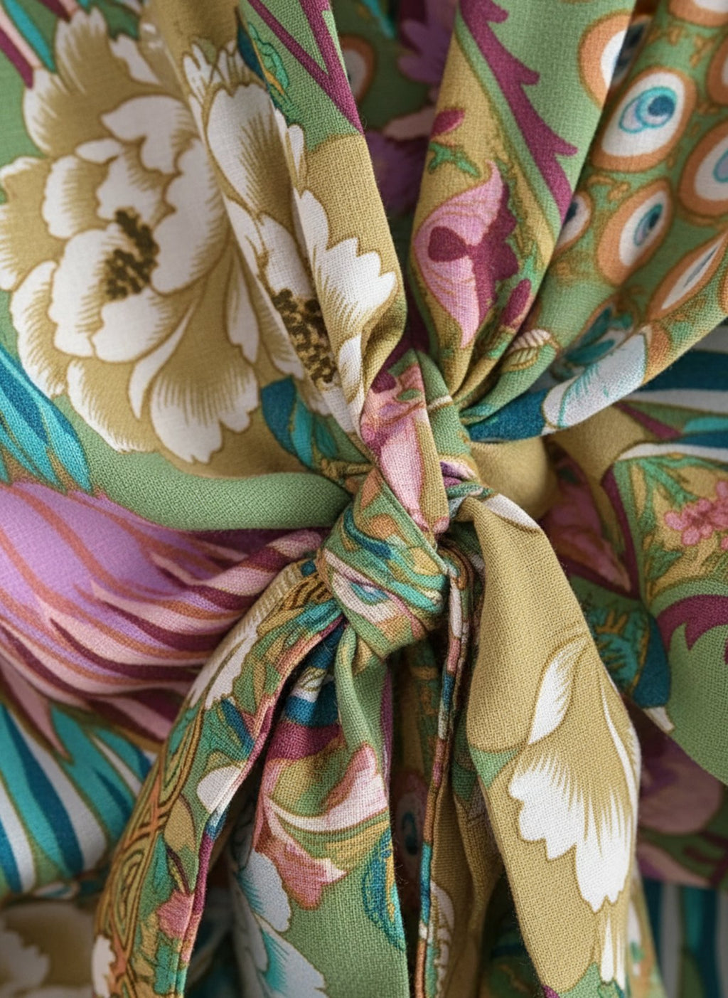 Kimono court cache-coeur femme Miyabi vert - detail du motif paon