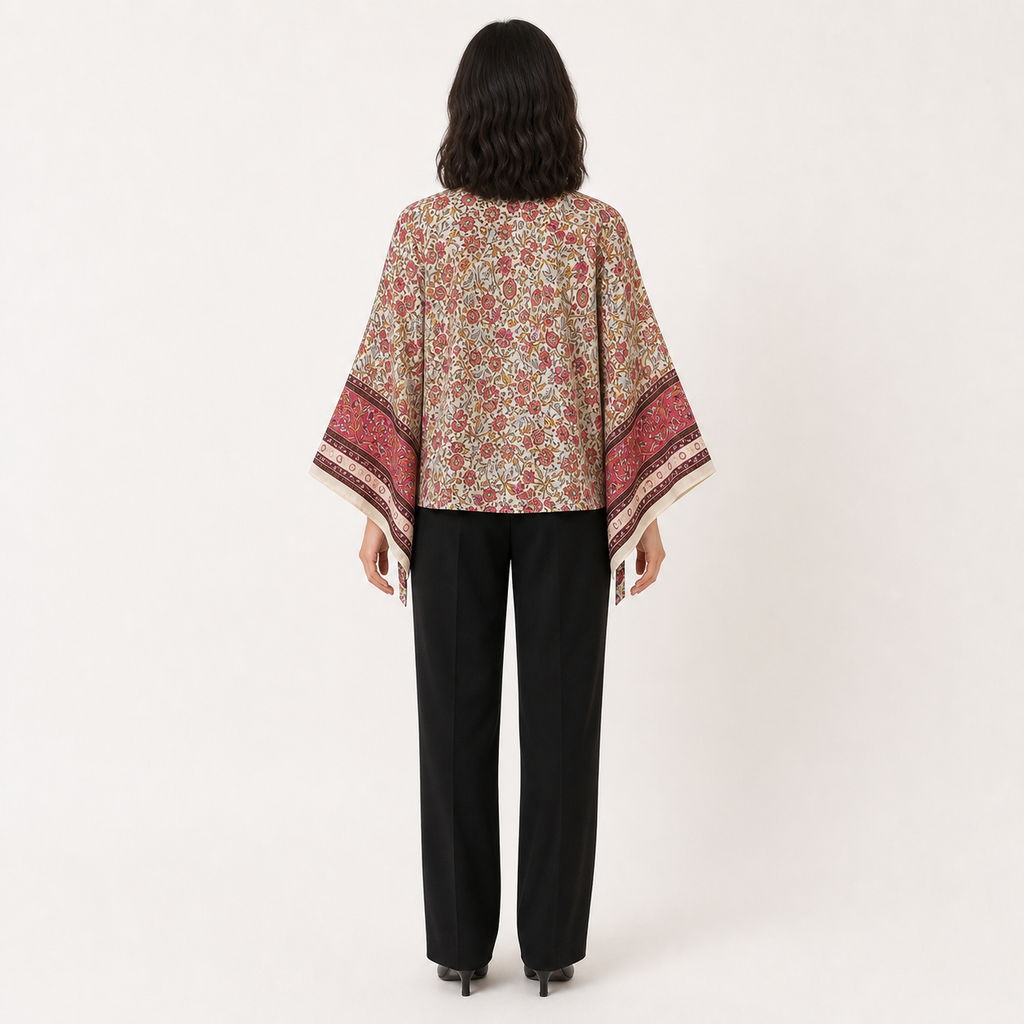 Kimono court femme Kiri ivoire et fleurs framboise - vue de dos