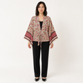 Kimono court femme Kiri ivoire et fleurs framboise - vue de face