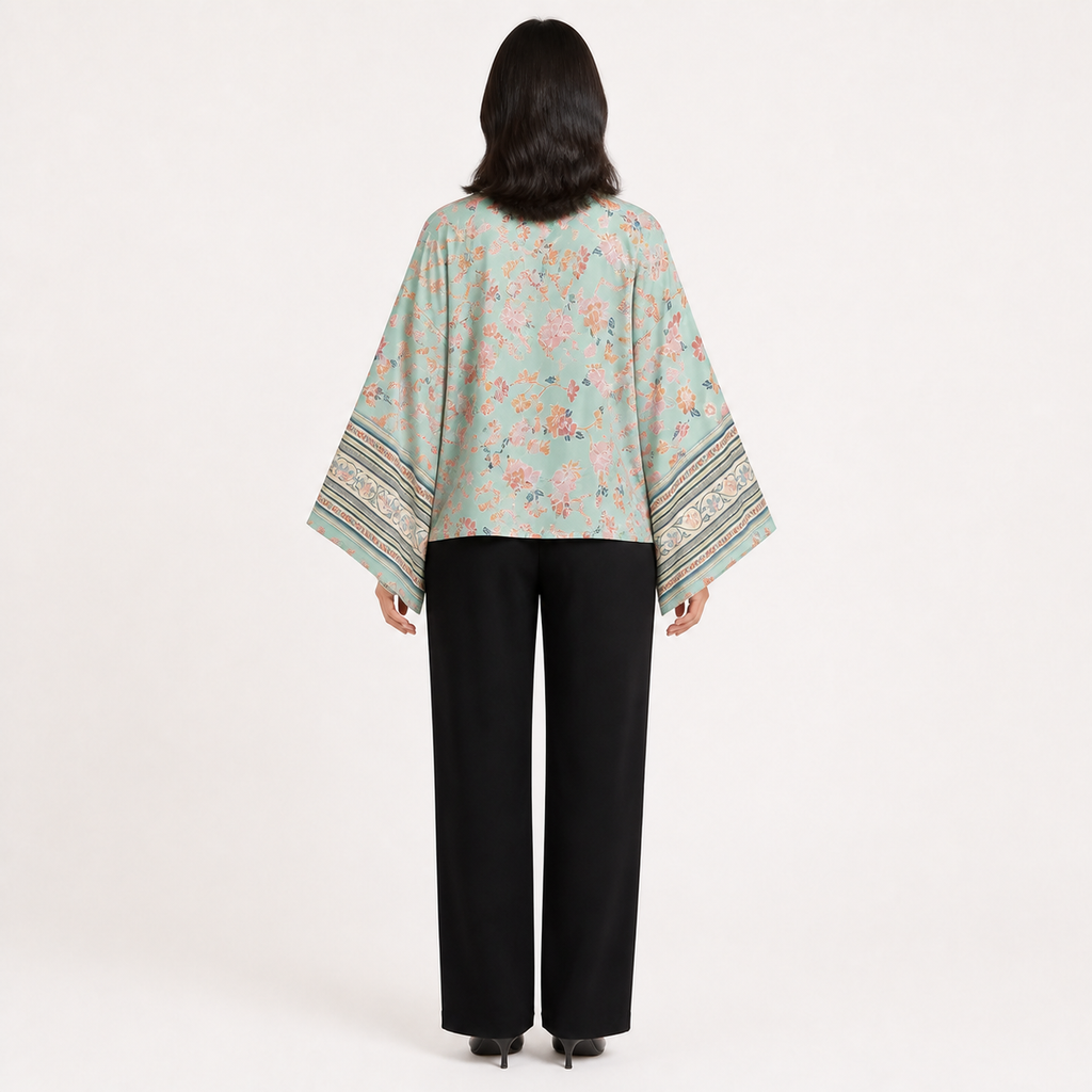 Kimono court femme Koharu menthe et fleurs corail - vue de dos
