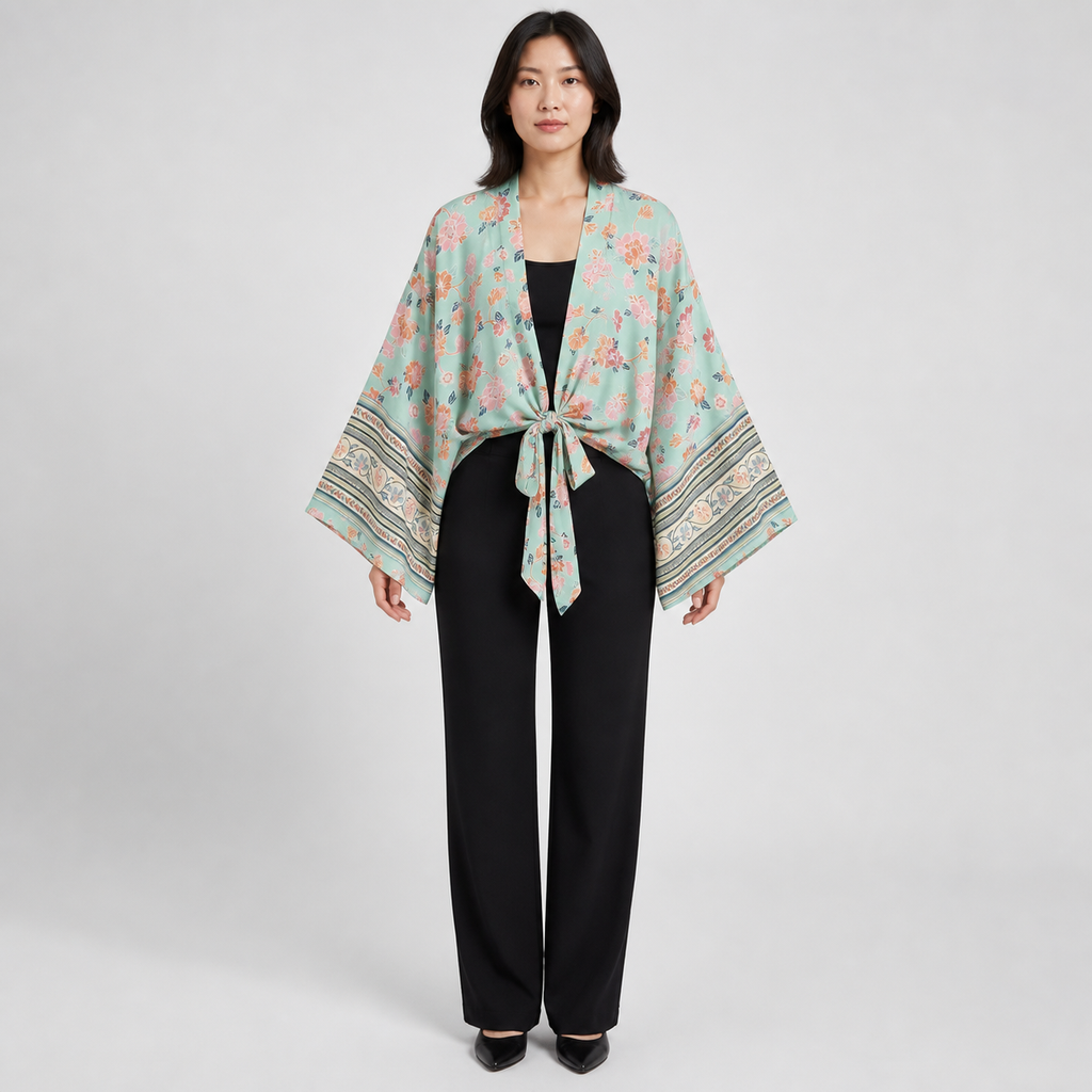 Kimono court femme Koharu menthe et fleurs corail - vue de face
