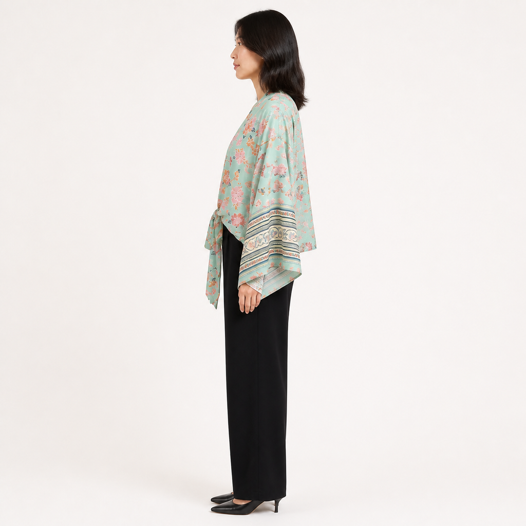 Kimono court femme Koharu menthe et fleurs corail - vue de profil