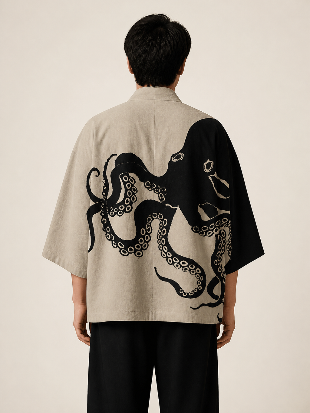 Kimono homme Ameiro noir et ecru a motif poulpe - vue de dos