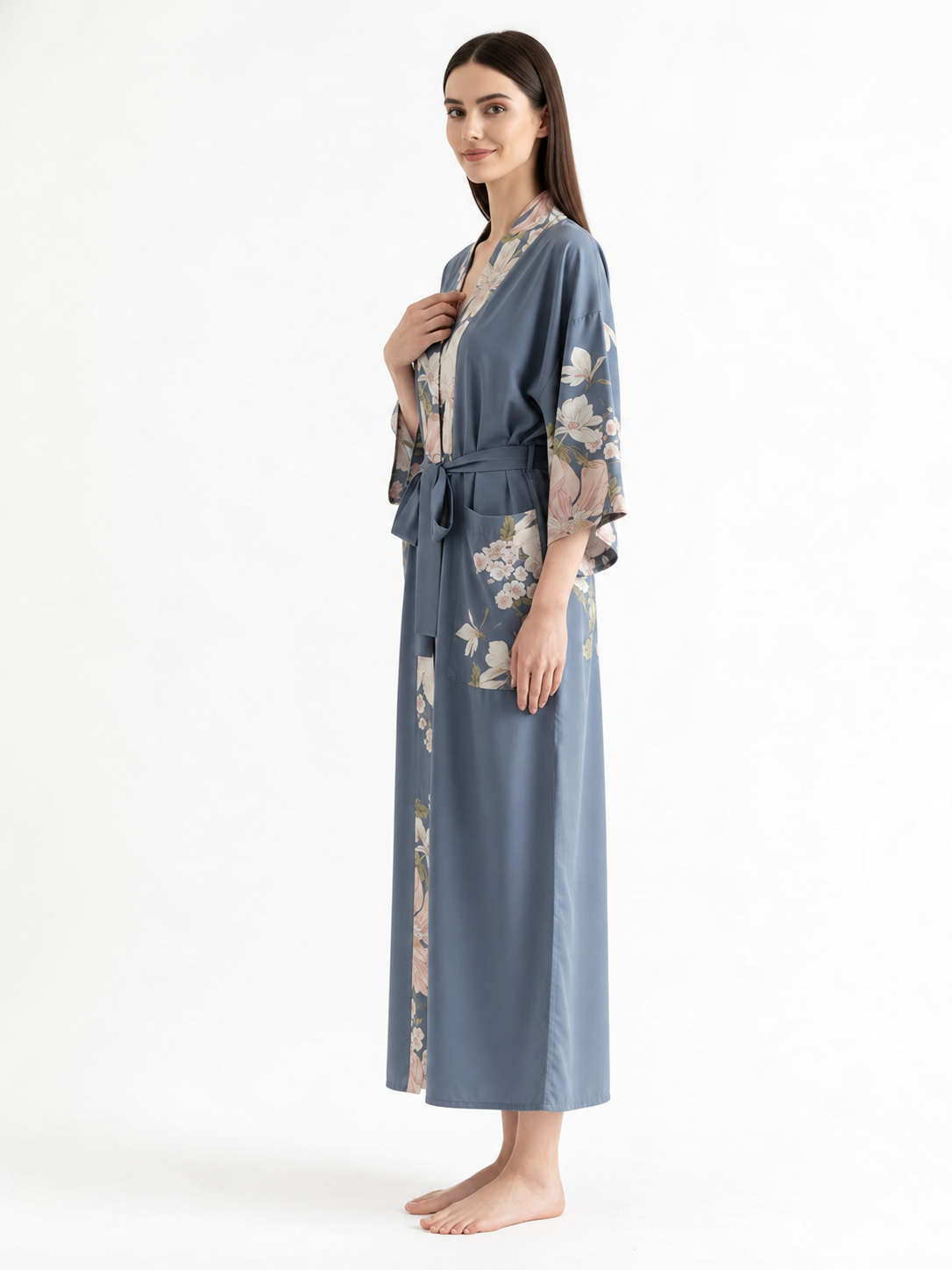 Kimono long femme Hanabira bleu fleuri - vue de profil