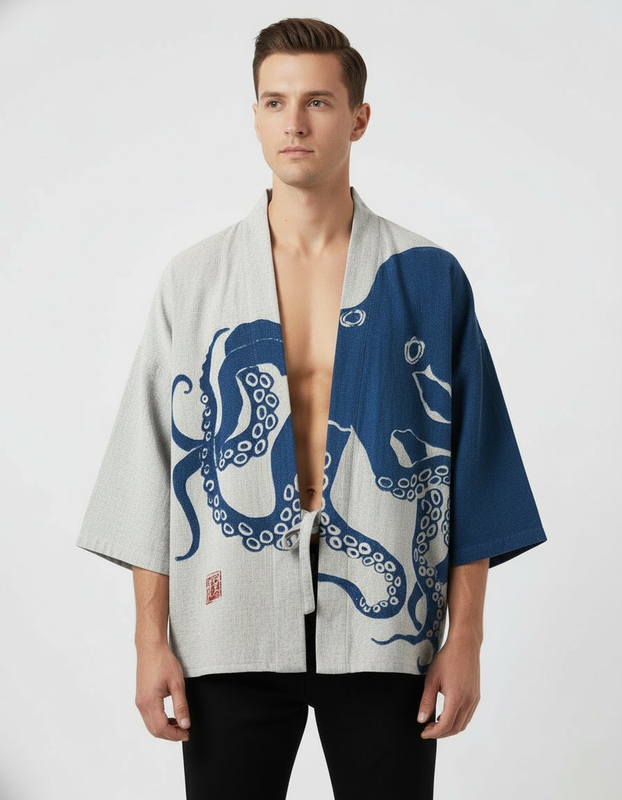 Kimono homme Ameiro bleu et ecru a motif poulpe, vue de face