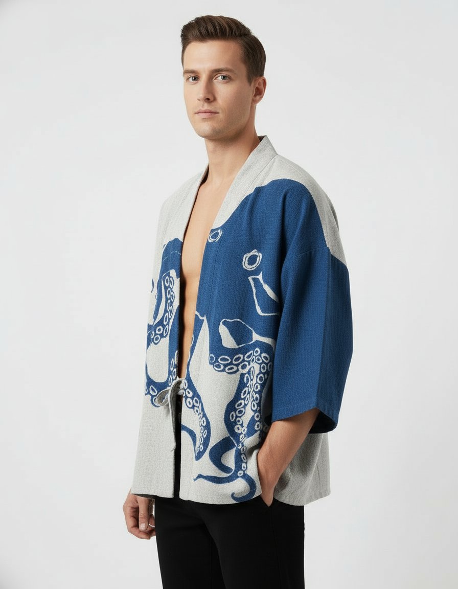 Kimono homme Ameiro bleu et ecru a motif poulpe, vue portee