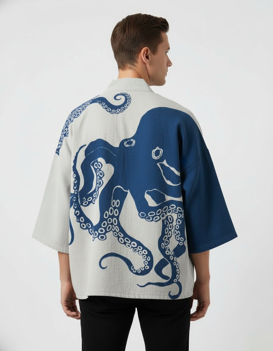 Kimono homme Ameiro bleu et ecru a motif poulpe, vue de dos