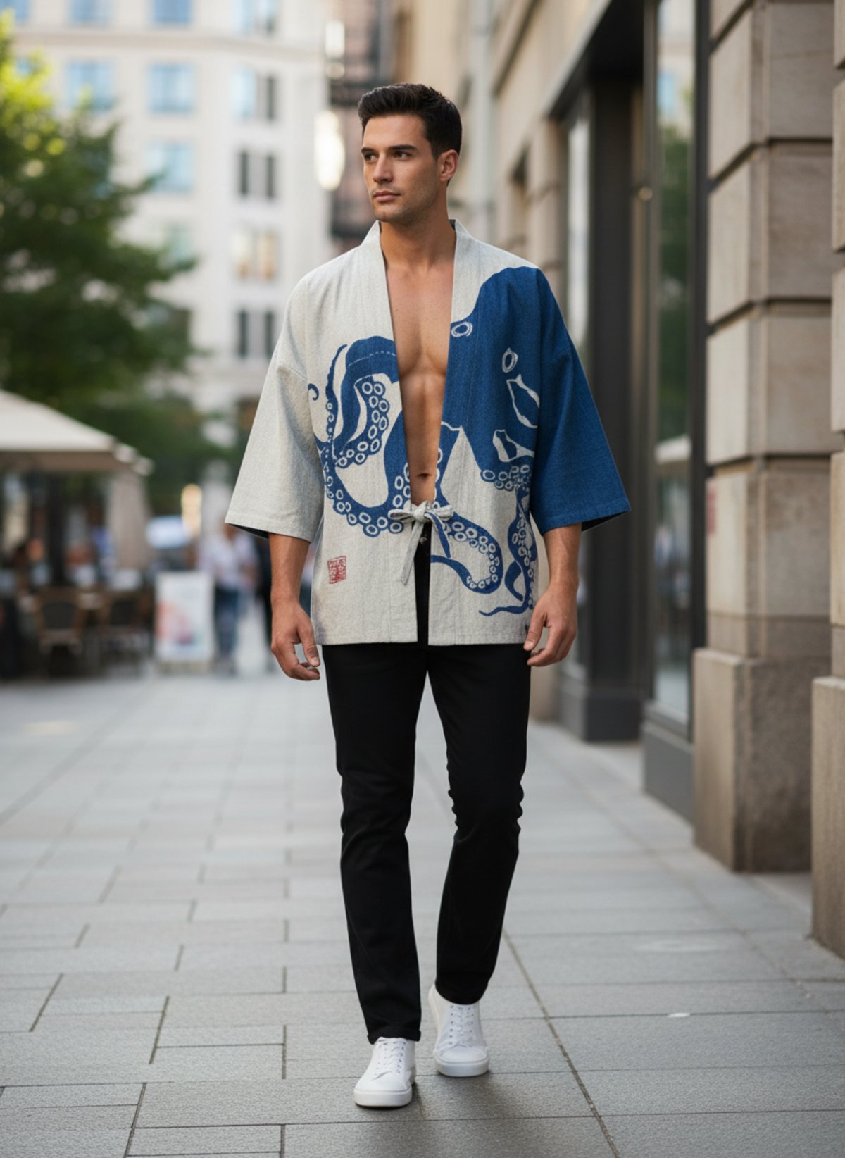 Kimono homme Ameiro bleu et ecru a motif poulpe, photo portee