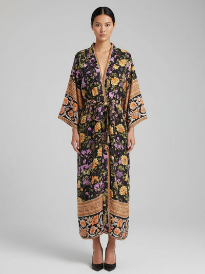 Kimono long femme Komachi noir floral - vue de face