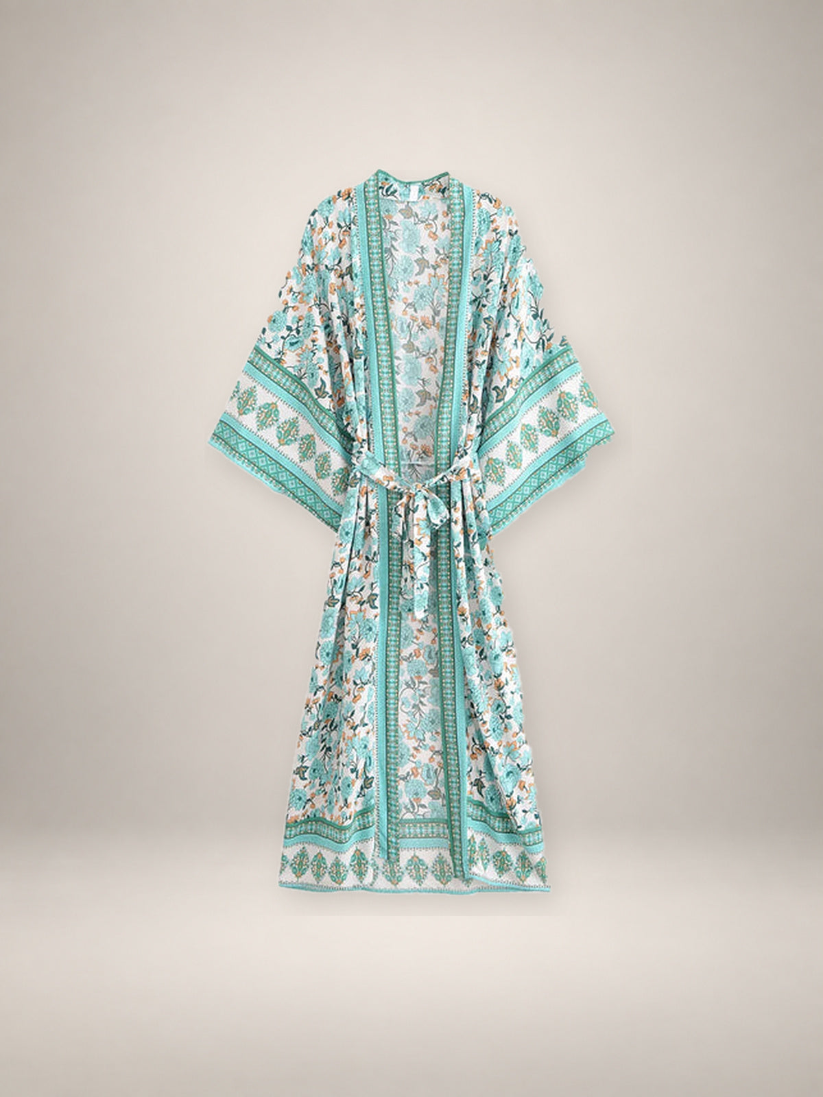Kimono long femme Hinata turquoise floral - vue produit sur fond blanc - fond studio