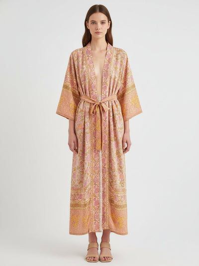 Kimono long femme Koharu rose fleuri - vue de face