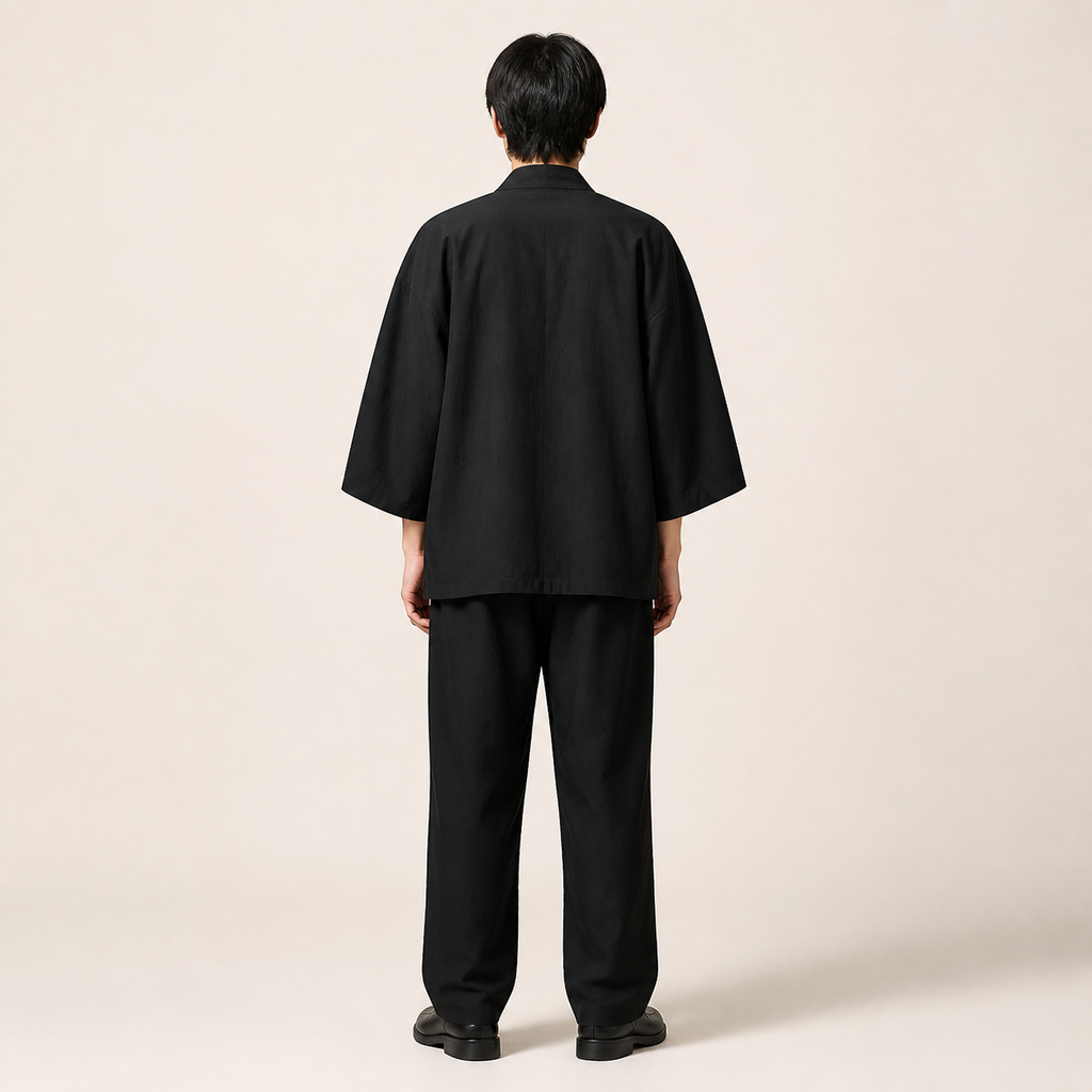 Kimono homme Koharu Noir a grues brodees - vue de dos
