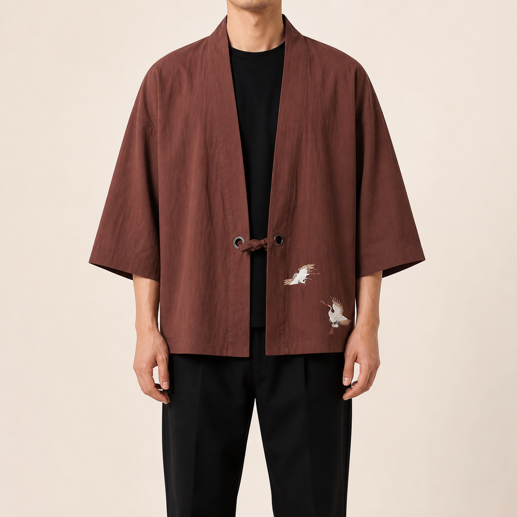 Kimono homme Koharu Café a grues brodees - vue de face