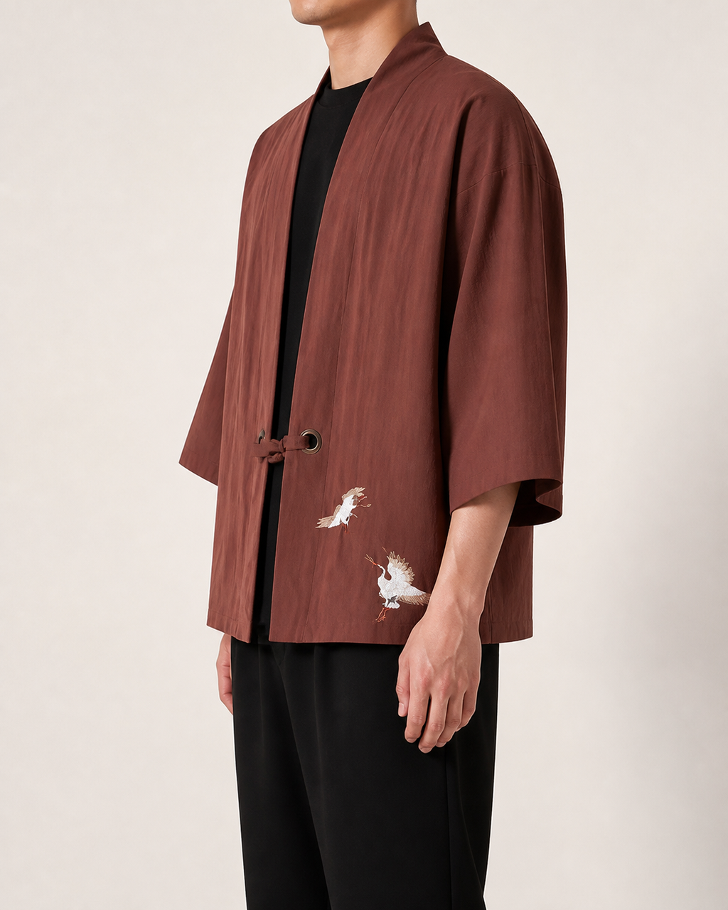 Kimono homme Koharu Café a grues brodees - vue de profil