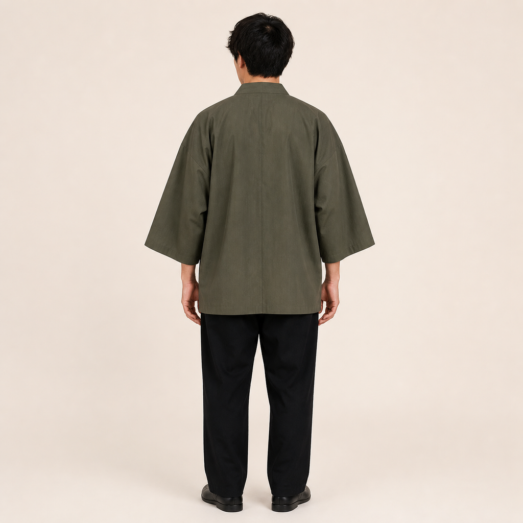 Kimono homme Koharu Vert a grues brodees - vue de dos