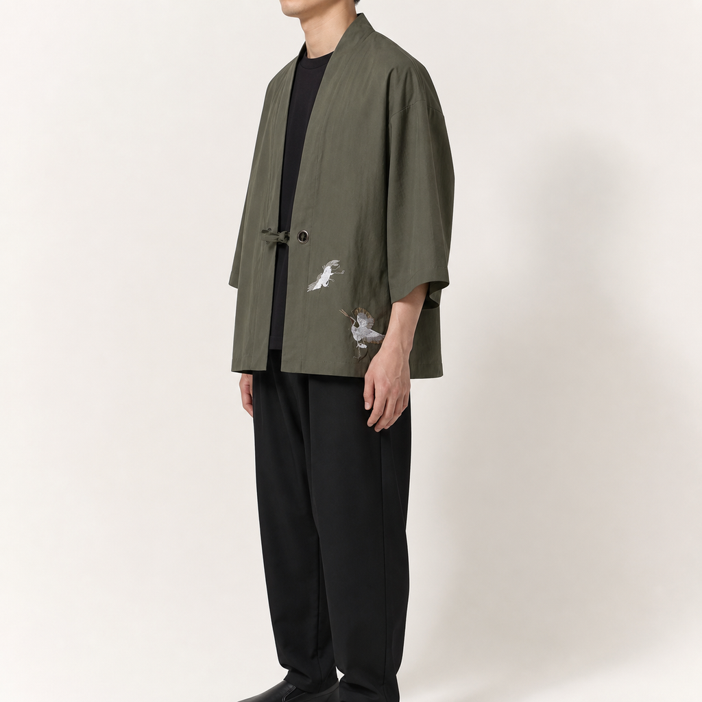 Kimono homme Koharu Vert a grues brodees - vue de profil