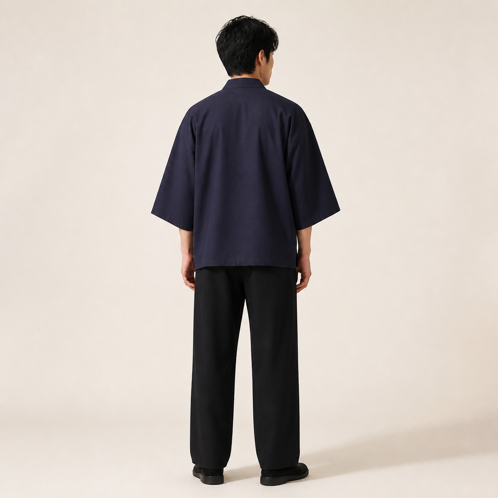 Kimono homme Koharu Bleu marine a grues brodees - vue de dos
