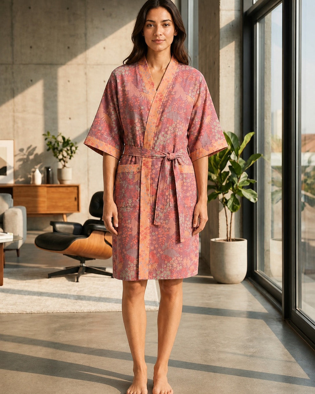 Peignoir kimono femme Fuyuko rose porté dans un intérieur lumineux