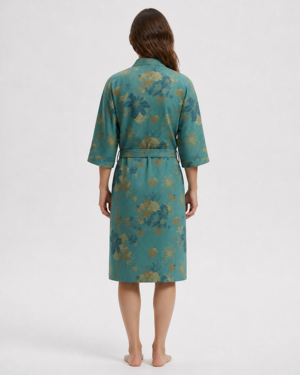 Peignoir kimono femme Kasane bleu turquoise fleuri - vue de dos