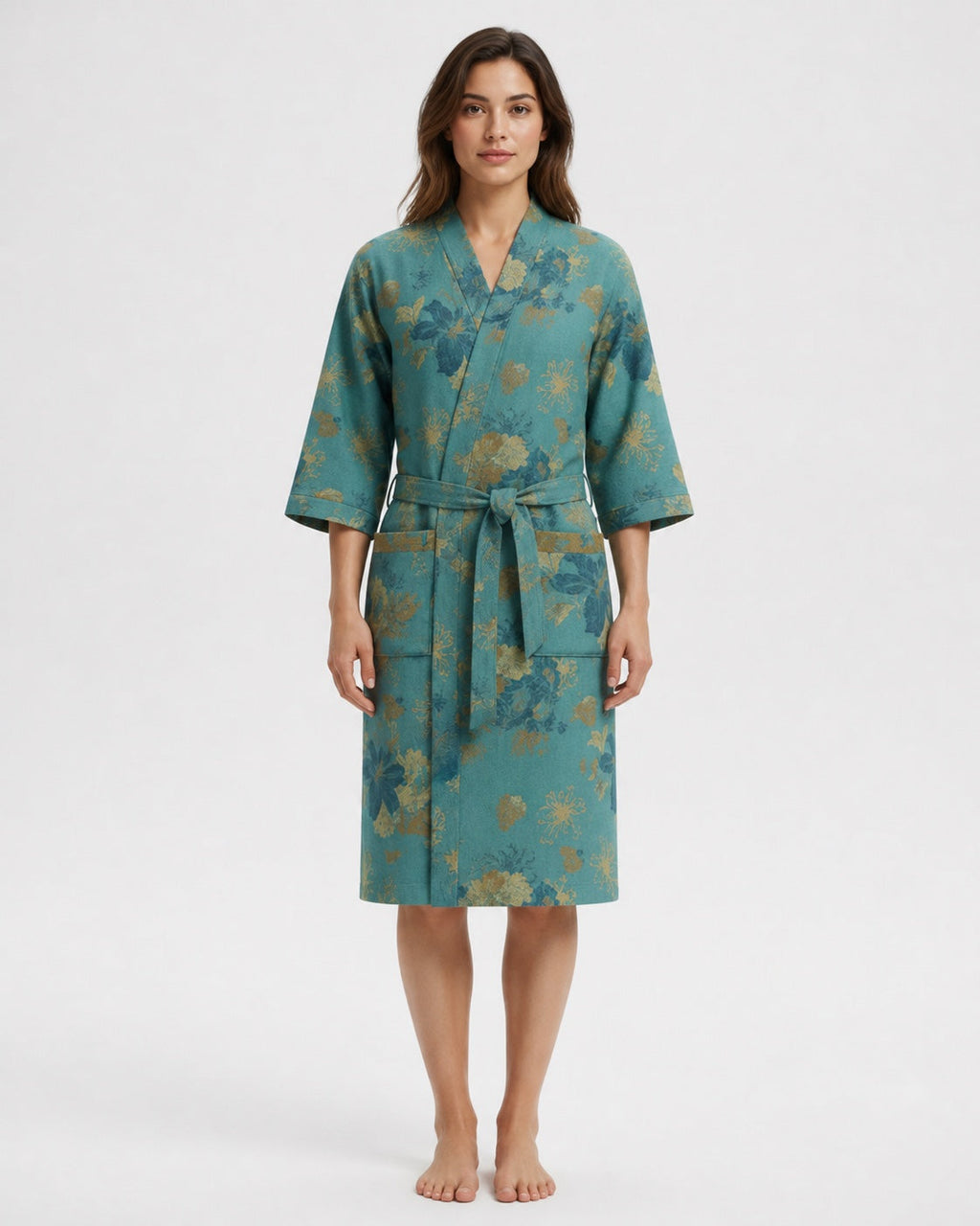 Peignoir kimono femme Kasane bleu turquoise fleuri - vue de face