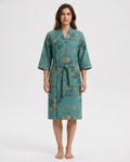 Peignoir kimono femme Kasane bleu turquoise fleuri - vue de face